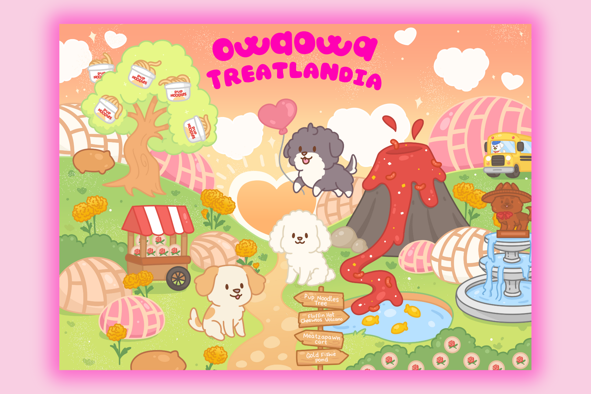 Colorful illustration of a cartoon landscape with pup noodles trees, dogs, and a sign that reads Owa Owa Treatlandia